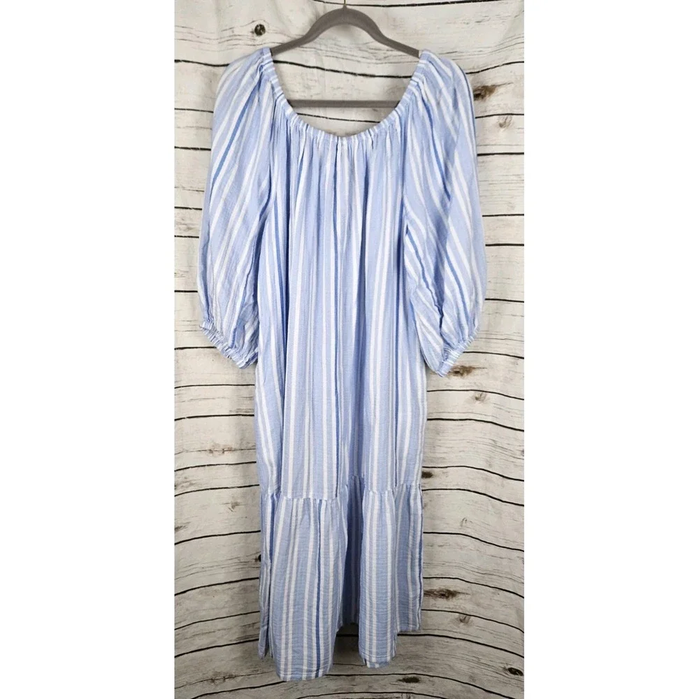 Tommy Bahama Blue Striped Island Gauze Dress XL Midi Ruffle 100% Cotton Resort
